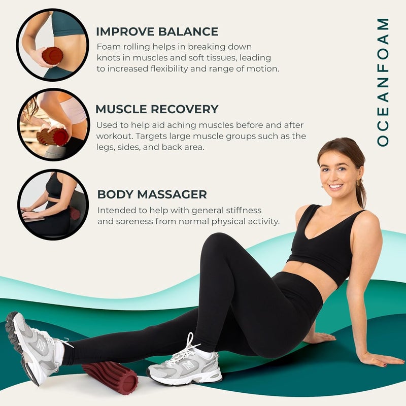 Oceanfoam Ripple Travel Foam Roller (11" x 3.35") Firm Mini Foam Roller for Physical Therapy, Deep Tissue Massage, Back Pain - High Density, Ergonomic Wave Textured - Yoga, Pilates, Exercise (Maroon) - Image 5